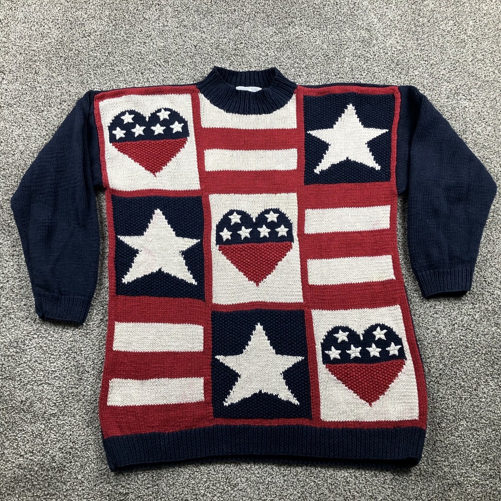 Vintage Marisa Christina Sweater Size 1X Hand Knit‎ Patriotic USA Flag Stars